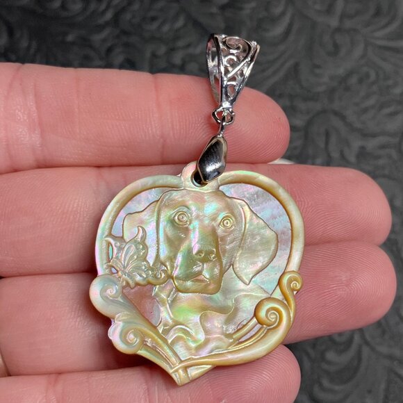 Butterfly And Labrador Retriever Carved Mother of Pearl Heart Pendant - Picture 3 of 9